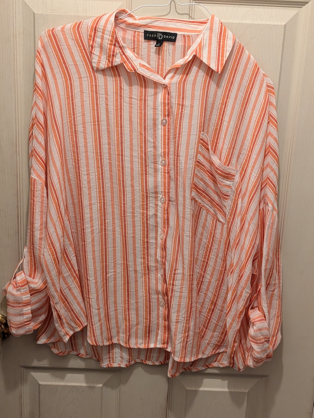 Fred David White and Orange Striped Button-Down Blouse Size Lg